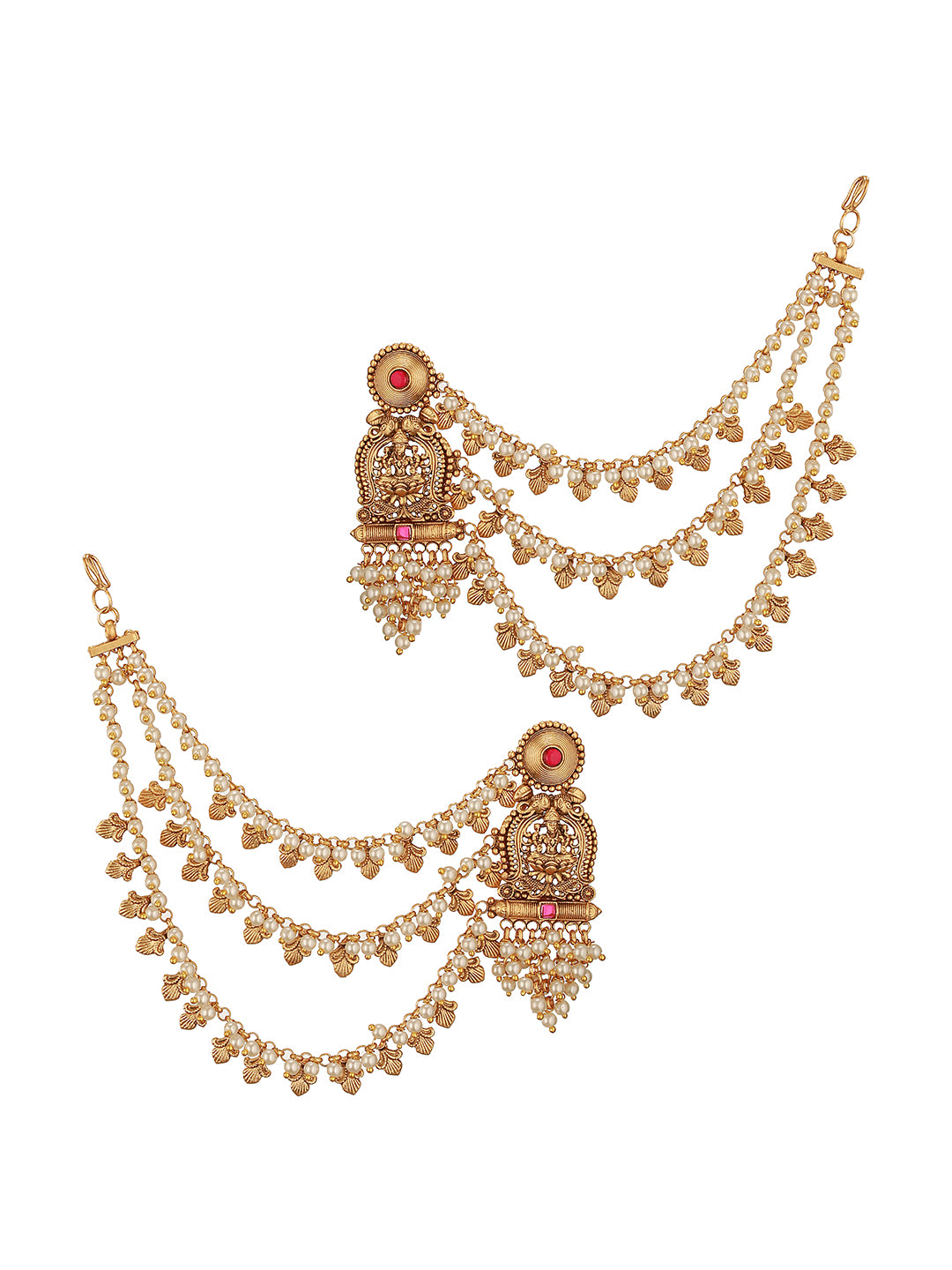 Gold Plated Kemp Stone Studded 3 Layered Pearl Lakshmi ji Design Temple Matil With Earchain Earrings